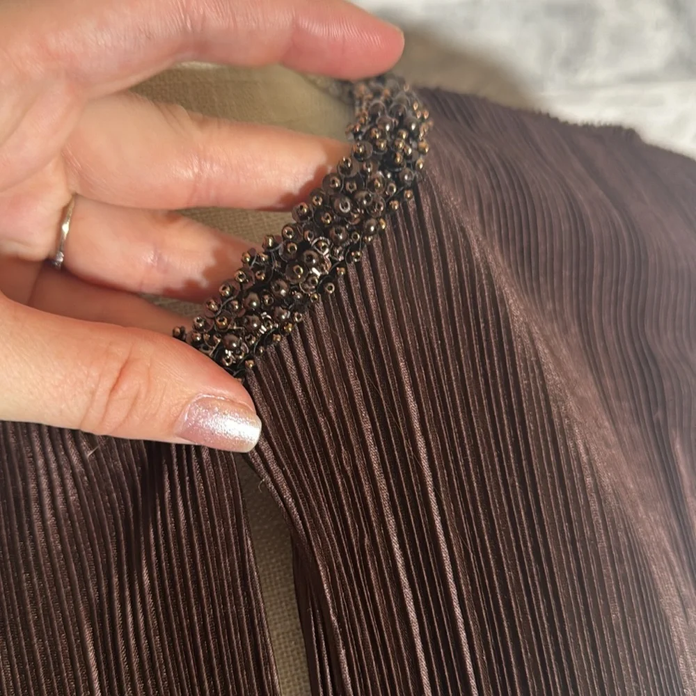 Cachet Brown Accordion Pleated Silky Blouse Cardigan
